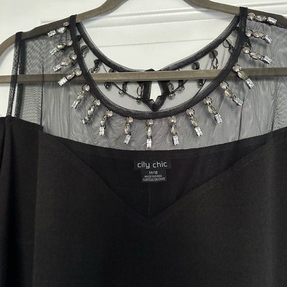 Black Off the Shoulder Short Sleeve Dress with Open Shoulders and Gems - Picture 6 of 6